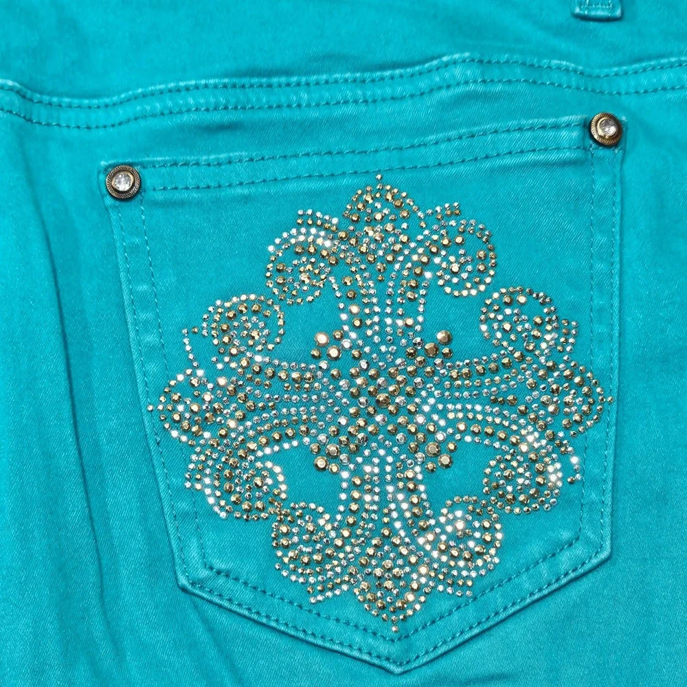 V Cristina Womens Teal Rhinestone Embellished Capri Crop Pants Size 10 Turquoise